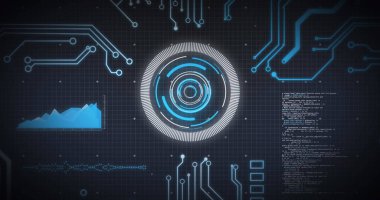 Kapsam taraması ve veri işlemeli bilgisayar devre kartı görüntüsü. küresel bağlantılar, veri işleme ve dijital arayüz konsepti dijital olarak oluşturulmuş resim.