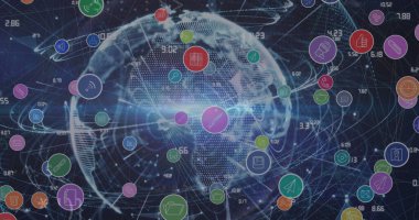 Dünya üzerindeki simgelerle bağlantı ağının resmi. Küresel bağlantılar, veri işleme ve dijital arayüz konsepti dijital olarak oluşturulmuş resim.