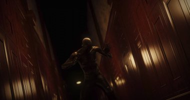 Karanlık tüneldeki canavar gibi sersemlemiş bir insan görüntüsü. Korku, korku, resim oyunları ve dijital olarak üretilen bilim kurgu konsepti.