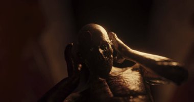 Karanlık tüneldeki canavar gibi sersemlemiş bir insan görüntüsü. Korku, korku, resim oyunları ve dijital olarak üretilen bilim kurgu konsepti.