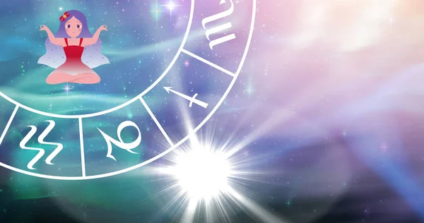 Image Signe Stellaire Avec Roue Horoscope Tournant Sur Les Étoiles — Photo