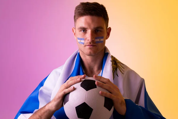 Portrait Happy Caucasian Male Supporter Flag Argentina Pink Lighting Sport — Stockfoto