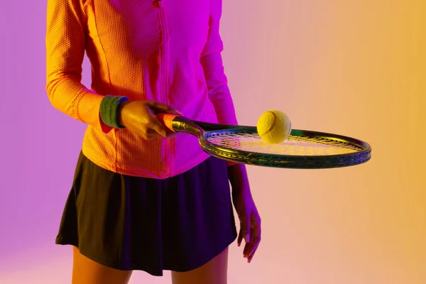 Image Midsection African American Female Tennis Player Neon Violet Yellow — Stok fotoğraf