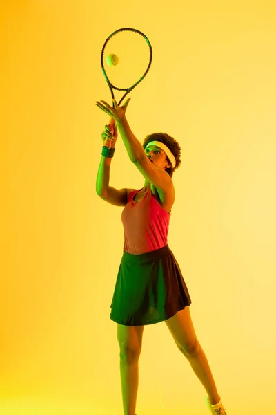 Vertical Image African American Female Tennis Player Yellow Lighting Sport — Stockfoto