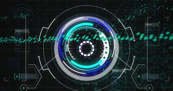 Image of digital interface with scan scoping over black background. Global science, connections, data processing and digital interface concept digitally generated image.