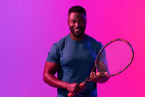 Image Happy African American Male Tennis Player Violet Pink Neon — Stok fotoğraf