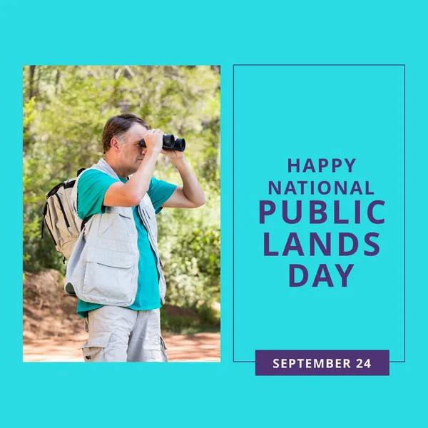 快乐的国家公有土地日的组成文字与白人男子在蓝色背景上远足 国家公共土地日和数字生成图像的庆祝概念 — 图库照片