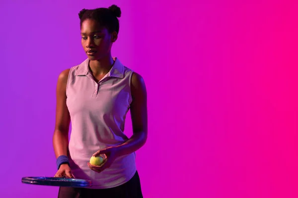 Image African American Female Tennis Player Violet Pink Neon Lighting — Stockfoto