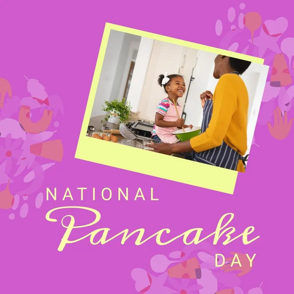 Square image of pancake text with happy african american mother and daughter eating pancakes. National pancake day concept.