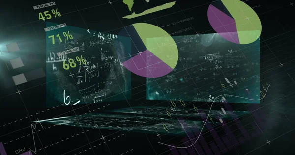 Image of statistics and data processing with mathematical equations on screens. global data processing and digital interface concept digitally generated image.