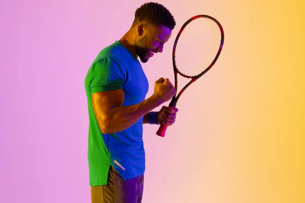 Image Successful African American Male Tennis Player Violet Yellow Lighting — Stockfoto