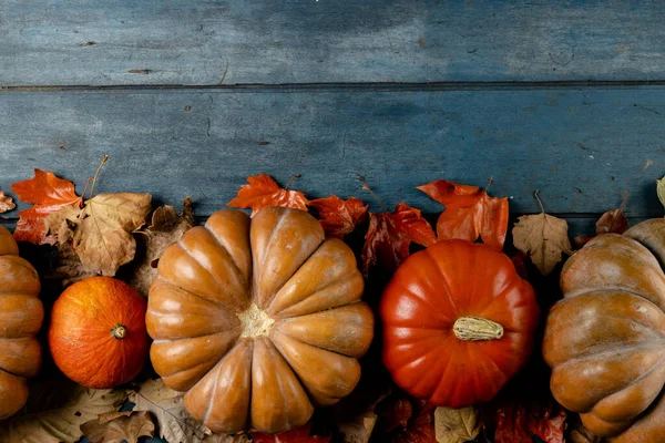 Composition Pumpkins Autumn Leaves Wooden Background Halloween Autumn Tradition Celebration — Fotografia de Stock