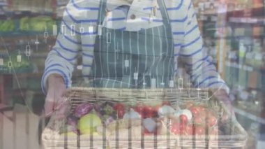 Kutusunda sebzeler olan beyaz erkek satıcının grafiklerinin animasyonu. Dijital olarak üretilen iş, ticaret, alışveriş ve finans konsepti.