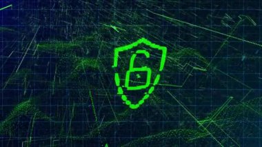 Animation of padlock icon and network of connections on black background. Global social media and digital interface concept digitally generated video.