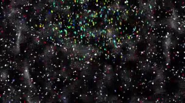 Siyah arka planda şekil ve konfeti animasyonu. Sosyal medya ve dijital arayüz konsepti dijital olarak oluşturulmuş video.