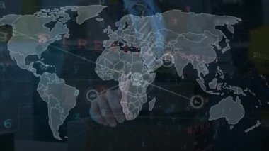 Animation of network of connections and data processing with world map over caucasian man. Global technology, computing and digital interface concept digitally generated video.