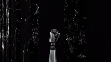 Animation of robotic arm and shapes on black background. Global business and digital interface concept digitally generated video.