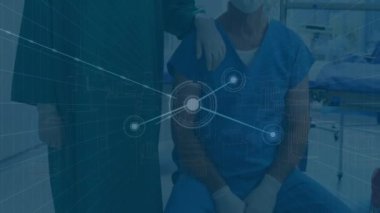 Animation of caucasian surgeons over data processing. Global medicine and digital interface concept digitally generated video.