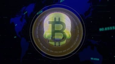 Animation of skull and bitcoin over data processing on black background. Global business and digital interface concept digitally generated video.