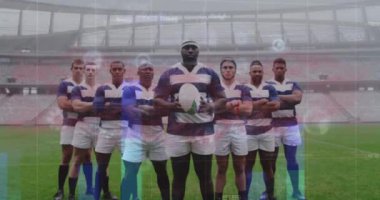 Çeşitli erkek ragbi oyuncuları üzerinde veri işleme animasyonu. Küresel spor ve dijital arayüz kavramı dijital olarak oluşturulmuş video.