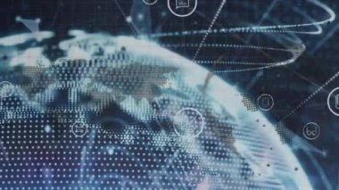 Veri işleme ve dünya üzerindeki bağlantı ağının animasyonu. Küresel iş, bilgisayar ve dijital arayüz kavramı dijital olarak oluşturulmuş video.