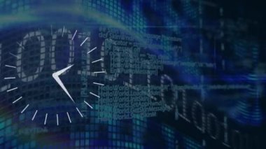 Dijital ekrandaki ikili kod üzerinden saatin animasyonu. Zaman, ağ ve teknoloji konsepti dijital olarak oluşturulmuş video.