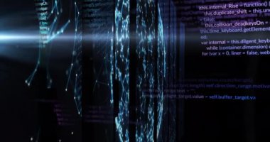 Siyah arkaplanda veri işleme ve şekillerin animasyonu. küresel iş ve dijital arayüz kavramı dijital olarak oluşturulmuş video.