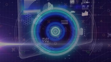 Siyah arkaplanda veri işleme üzerinde tarama kapsamı animasyonu. Küresel teknoloji, bilgisayar ve dijital arayüz kavramı dijital olarak oluşturulmuş video.