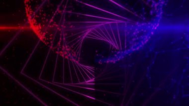 Hareket eden şekillerin ve siyah arkaplandaki lekelerin canlandırması. Küresel iş ve dijital arayüz kavramı dijital olarak oluşturulmuş video.