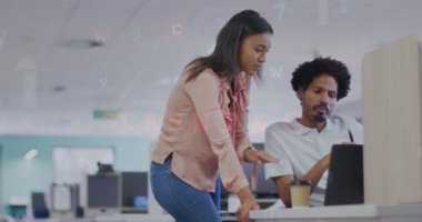 Animation of financial data and graphs over diverse female and male coworkers in office. Business, finance, economy and cooperation concept digitally generated video.