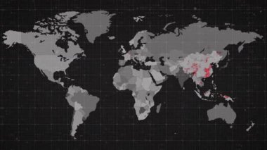 Virüs hücrelerinin dünya haritasında canlandırılması. Dijital olarak oluşturulmuş küresel salgın ve dijital arayüz kavramı.