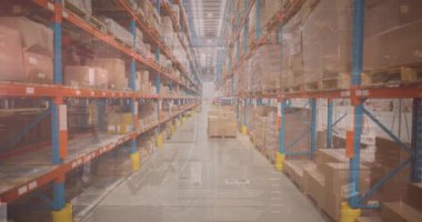 Animation of data processing over warehouse. Global business, finances, data processing and digital interface concept digitally generated video.