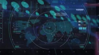 Veri işleme ve dünya haritası üzerinde yapılan taramaların animasyonu. Küresel teknoloji, bilgisayar ve dijital arayüz kavramı dijital olarak oluşturulmuş video.