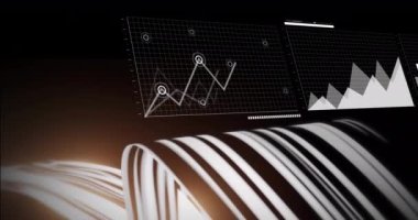 Veri işleme animasyonu ve siyah arkaplan üzerindeki çizgiler. Küresel iş ve dijital arayüz kavramı dijital olarak oluşturulmuş video.