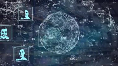 Siyah arkaplandaki koordinatlar üzerinde bağlantıları olan kullanıcı simgelerinin ve yerkürenin canlandırılması. Sosyal medya, küresel ağ, bağlantılar, veri işleme ve teknoloji konsepti dijital olarak oluşturulmuş video.