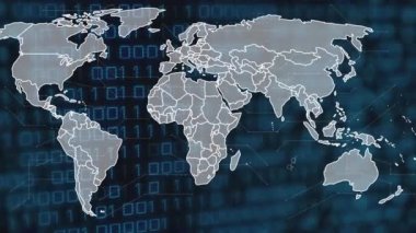 Animation of world map over data processing on black background. Global technology, computing and digital interface concept digitally generated video.