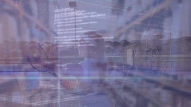 Animation of data processing over caucasian tennis player. Global sport and digital interface concept digitally generated video.