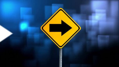 Animation of road sign and arrows on black background. Travel, transport and digital interface concept digitally generated video.