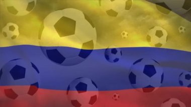 Animation of flag of colombia over footballs. Global sport, patriotism and digital interface concept digitally generated video.