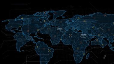 Kara zemin üzerinde dünya haritasıyla veri işleme animasyonu. Küresel teknoloji ve dijital arayüz konsepti dijital olarak oluşturulmuş video.