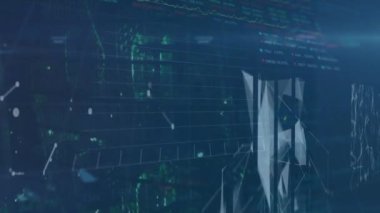 Sunucu odasında veri işleme animasyonu. küresel iş ve dijital arayüz kavramı dijital olarak oluşturulmuş video.
