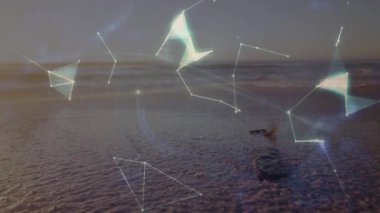 Deniz ve sahil üzerindeki dünyanın animasyonu. Doğa, uyum ve dijital arayüz kavramı dijital olarak oluşturulmuş video.