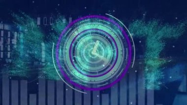 Nft metninin animasyonu, hareket eden saat ve veri işlemesi. Küresel teknoloji, bilgisayar ve dijital arayüz kavramı dijital olarak oluşturulmuş video.