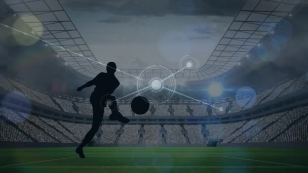 Animation Network Connections Male Soccer Players Silhouette Stadium Sport Competition — Vídeos de Stock