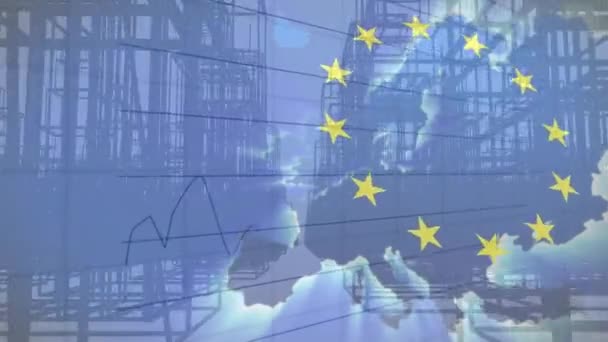 Animação Acenar Flag Processamento Dados Sobre Paisagem Urbana União Europeia — Vídeo de Stock