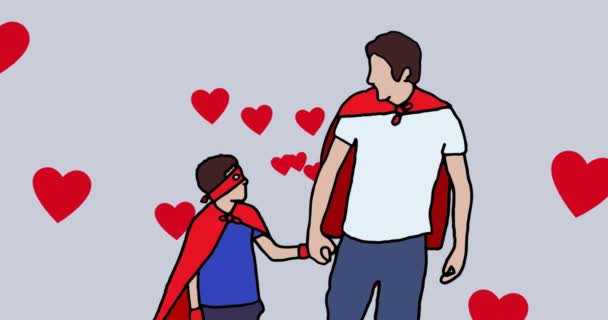 Animation Superhero Father Son Icons Hearts Gray Background National Adoption — Stock video