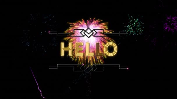 Animation Hello Text Fireworks Dark Background World Hello Day Concept — Stock Video