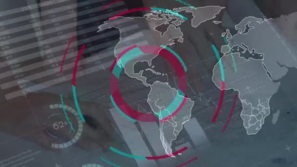 Анімація Обробки Даних Карта Світу Над Рукописом Глобальна Технологія Обчислення — стокове відео