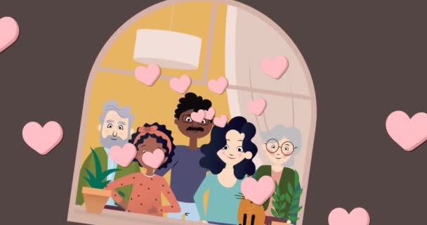 Animation Diverse Multigeneration Family Brown Background Hearts Family Adoption Concept — 图库视频影像