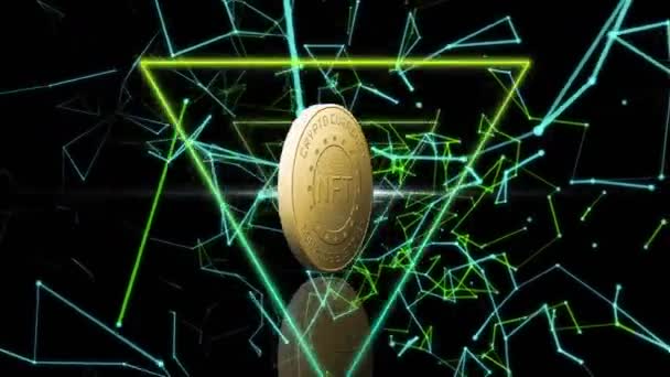 Animation Nft Text Golden Coin Network Connections Dark Background Global — Stockvideo